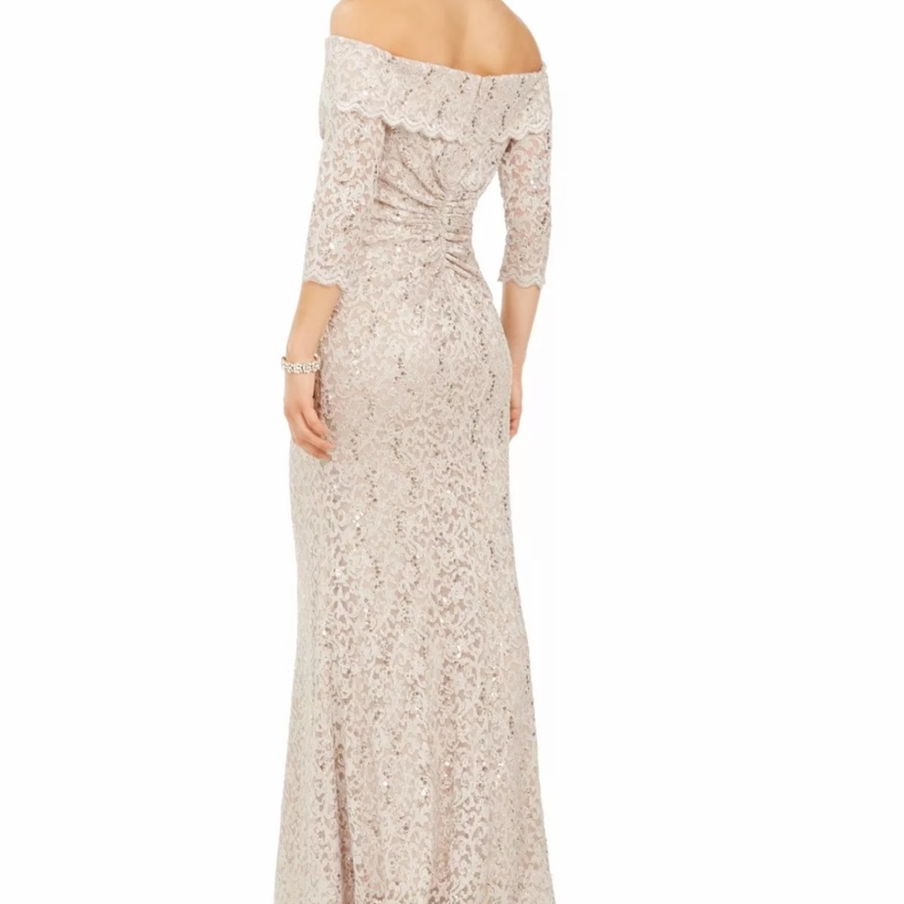 VINCE CAMUTO Womens Beige Glitter Gown Off Shoulder Full-Length Formal Dress 4